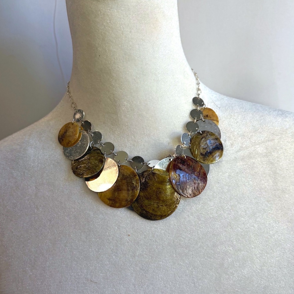 Earth Tone Shell & Silver Tone Disc Bib Statement Necklace Bohemian Adjustable